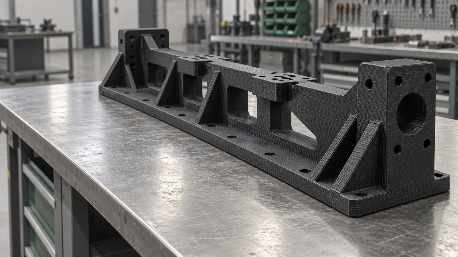 Componente industriale nero prodotto in FDM di grande formato su banco di officina
