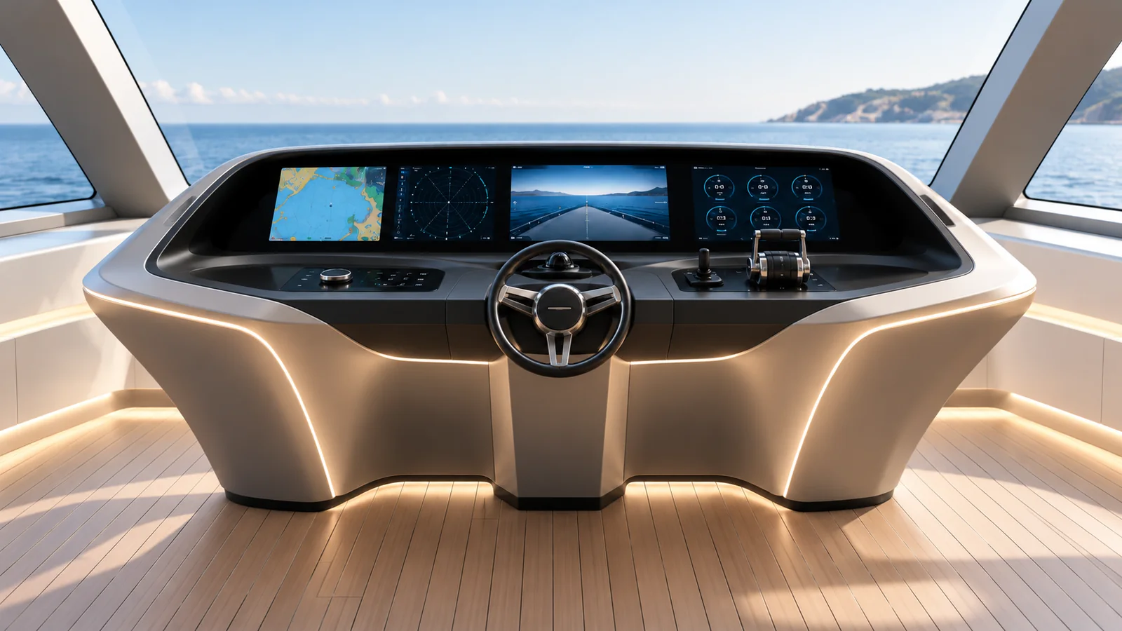 Plancia di comando di yacht in finitura metallica con display di navigazione e timone centrale