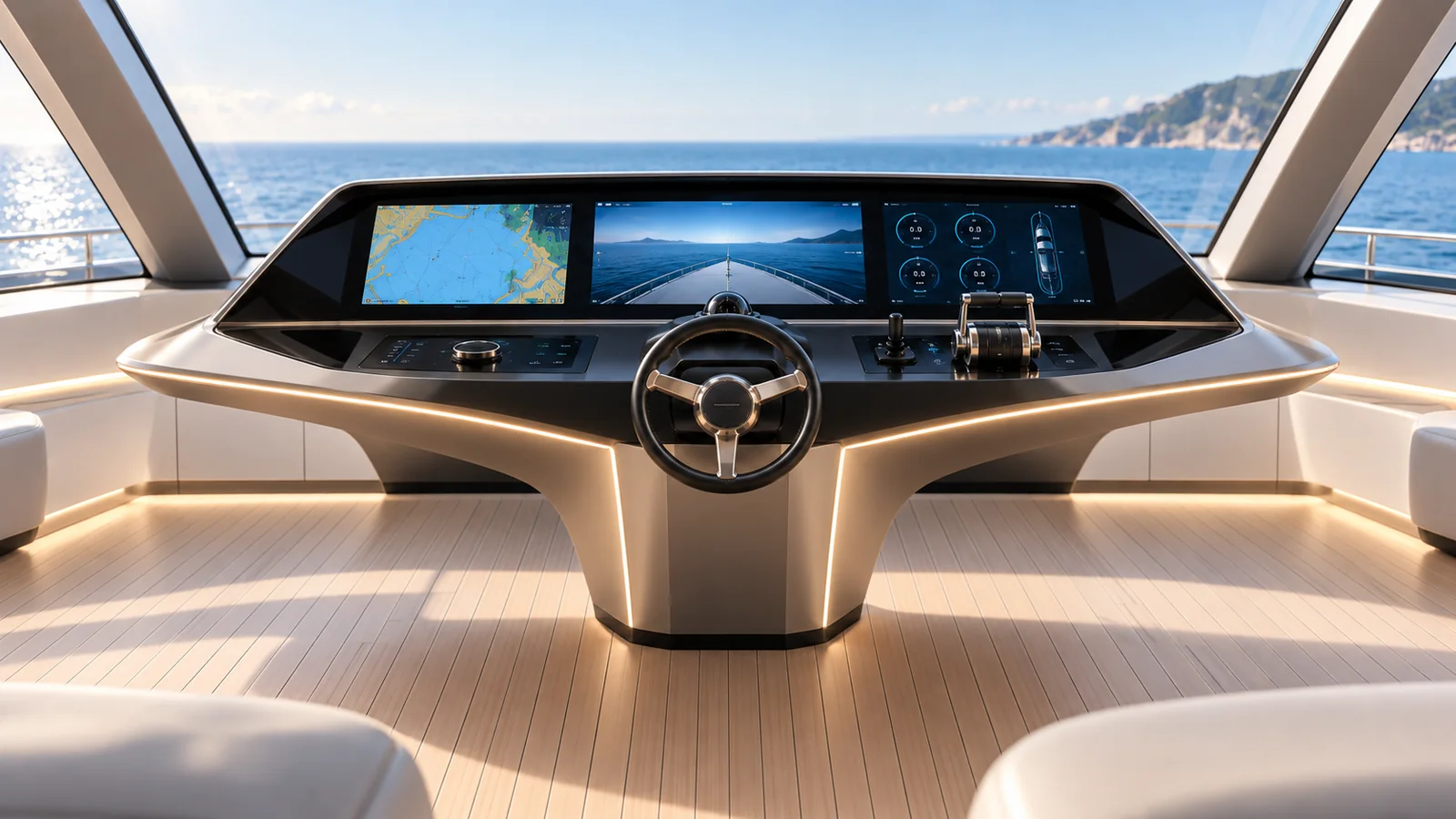 Consolle di comando di yacht con timone centrale, display integrati e vista sul mare