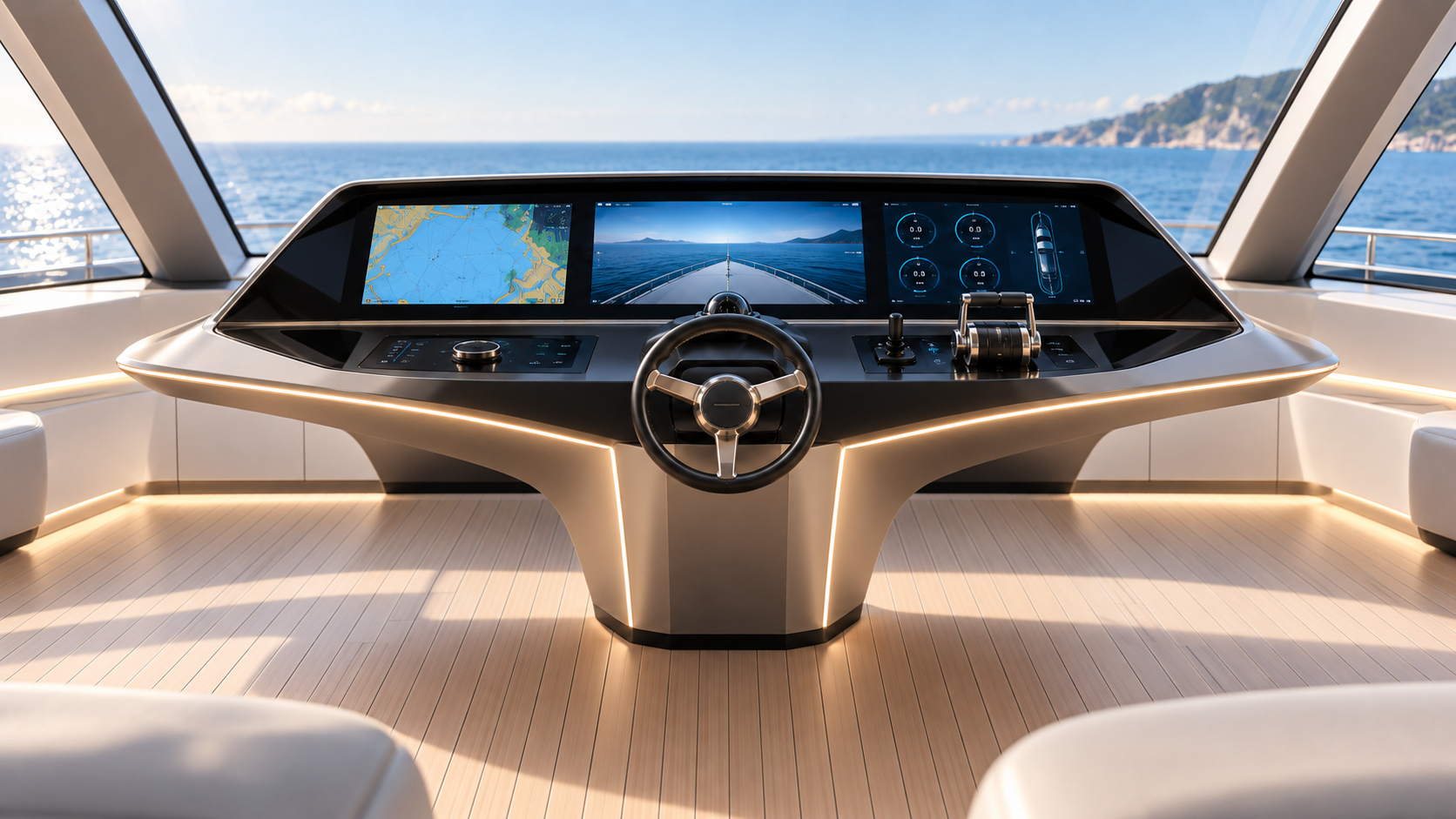 Consolle di comando di yacht con timone centrale, display integrati e vista sul mare