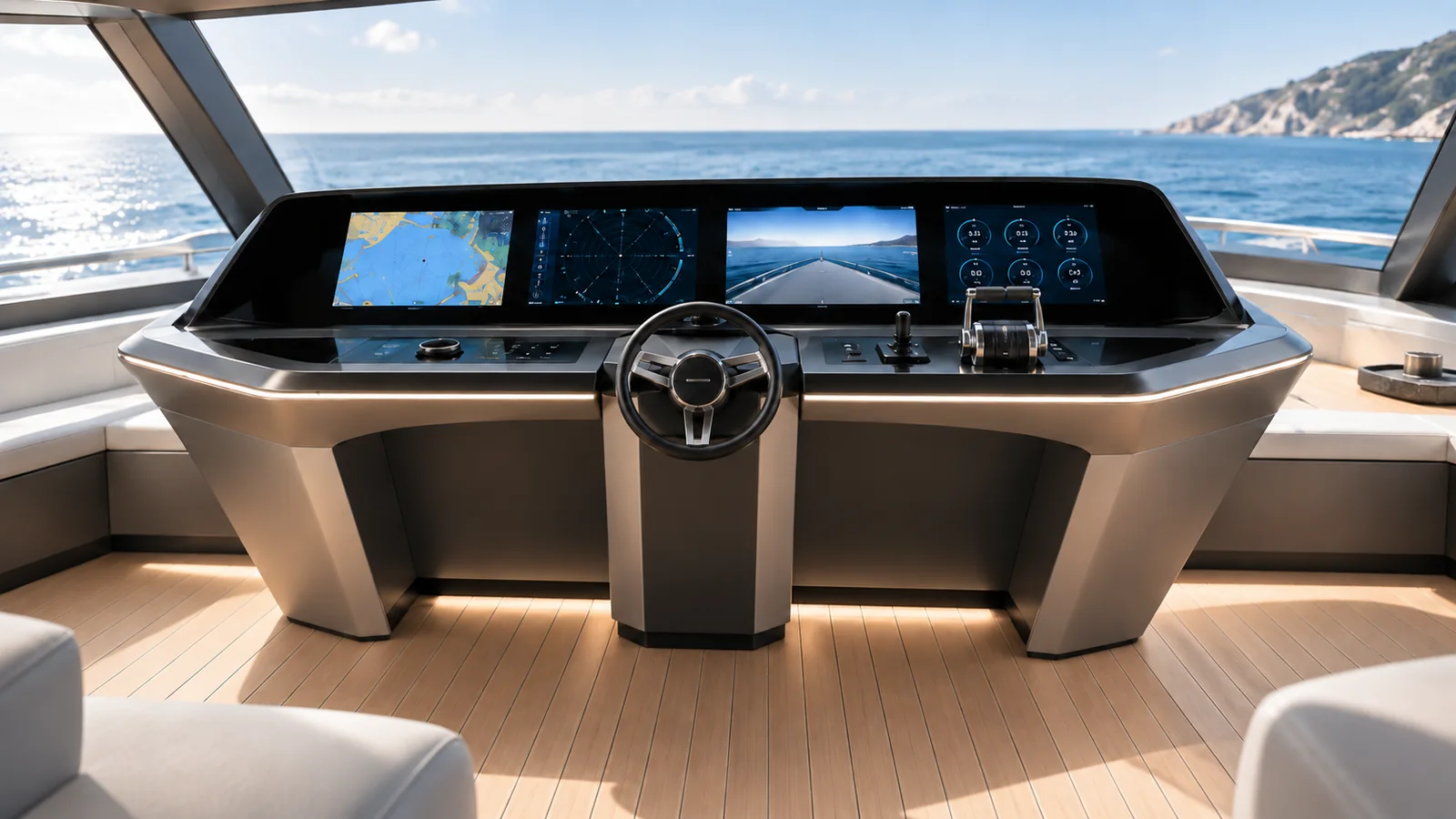Plancia di comando di uno yacht con schermi di navigazione, timone e vista sul mare