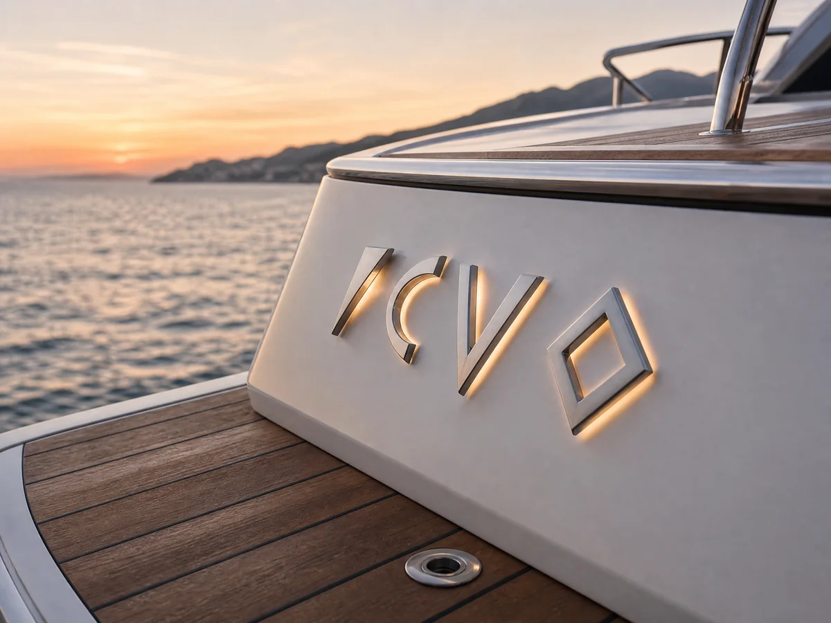 Lettering nautico in acciaio installato sulla poppa di uno yacht