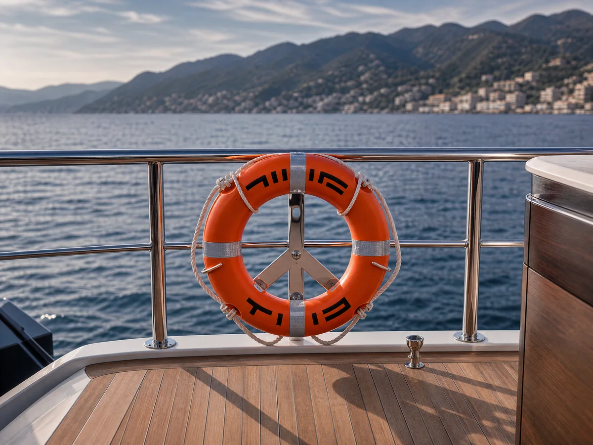 Salvagente arancione personalizzato installato sulla poppa di uno yacht
