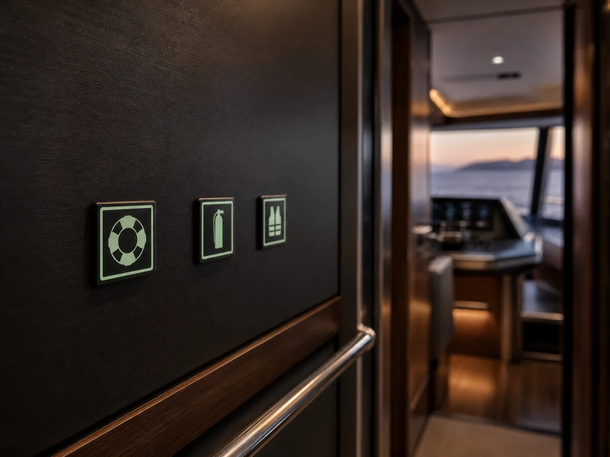 Targhette fotoluminescenti installate in un corridoio di yacht